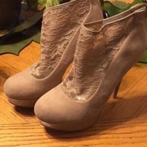BAMBOO Taupe Lace Heeled Boots